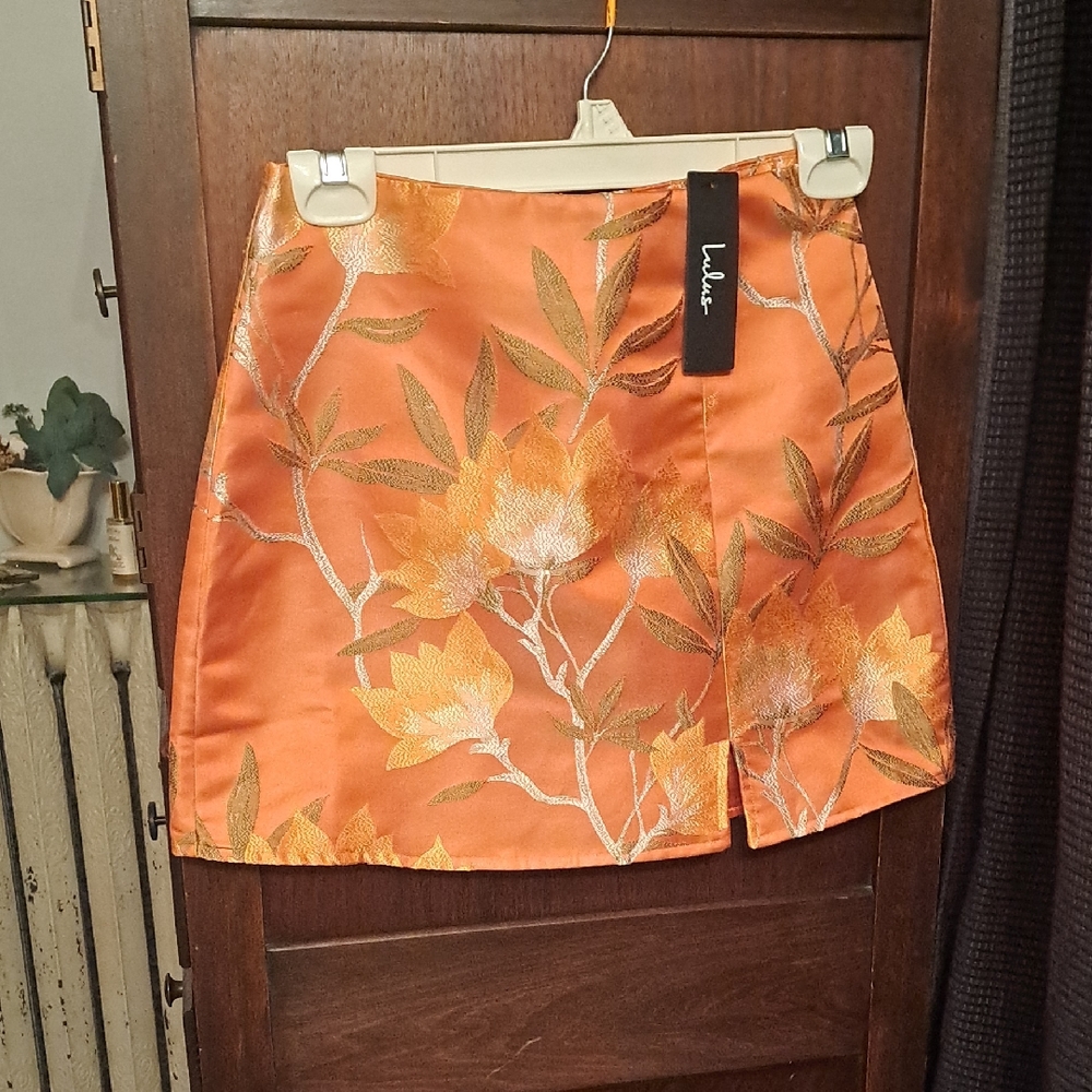 Lulu's Woman's Size Xs Vibrant Orange Floral Mini Skirt With Side Slit